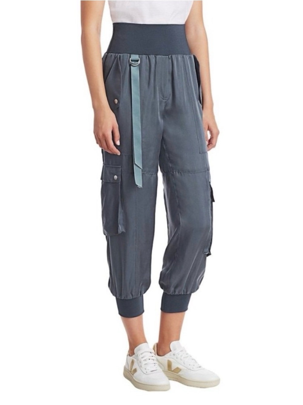Cinq à Sept Harmony Satin Cargo Jogger Pants Blue Gray Cupro Size S